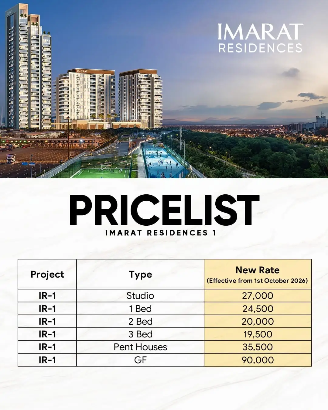 IMARAT Residences 1 price list – new rates effective 1 October 2026