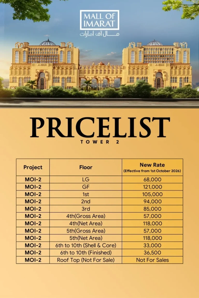 Official Mall of IMARAT Tower 2 (MOI-2) price list – floor-wise rates per sq ft effective 1 October 2026